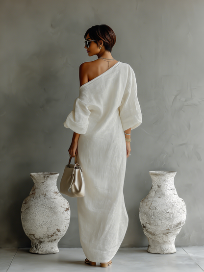 Rebecca | Vestido Fluido Color Marfil con Hombro Descubierto