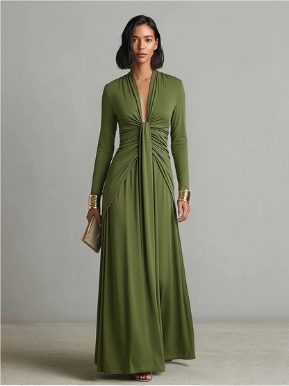 Vittoria | Vestido Largo de Seda Verde Oliva con Escote en V Profundo