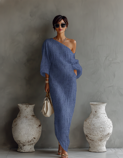 Rebecca | Vestido Fluido Color Marfil con Hombro Descubierto