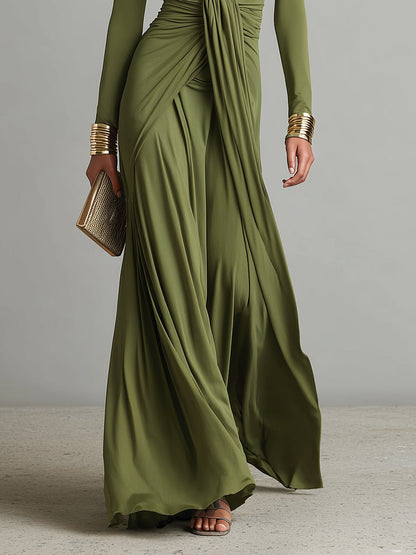 Vittoria | Vestido Largo de Seda Verde Oliva con Escote en V Profundo