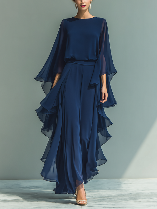 Margherita | Conjunto de Gasa Azul Marino con Mangas Acampanadas