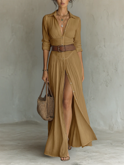 Cecilia | Vestido Largo de Lino con Cuello de Solapa y Manga Larga