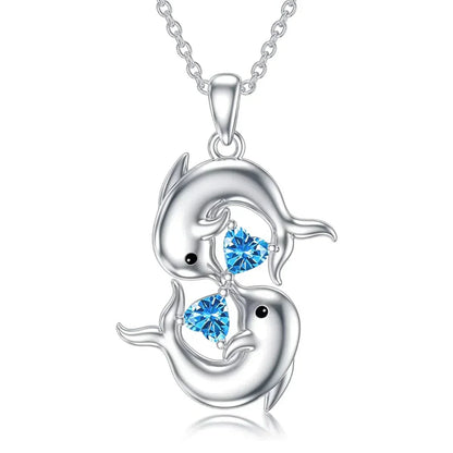 Collar Plata Doble Delfín con Cristal Azul