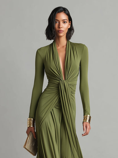Vittoria | Vestido Largo de Seda Verde Oliva con Escote en V Profundo