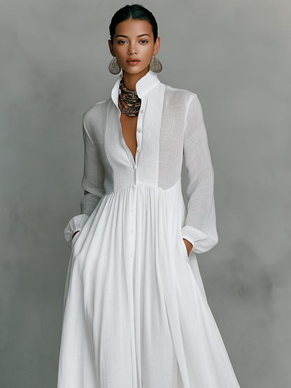 Marta | Vestido Largo de Lino con Detalles Patchwork y Cuello Alto