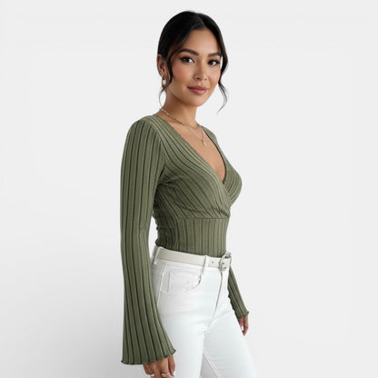 Camiseta Mujer Canalé Escote V Manga Larga