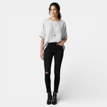 Camiseta Mujer Algodón y Lino Manga Larga Suelta Primavera