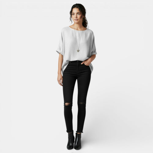 Camiseta Mujer Algodón y Lino Manga Larga Suelta Primavera