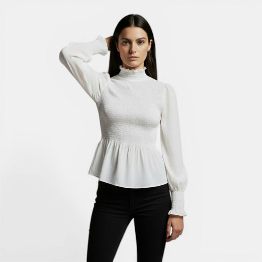 Camiseta Mujer Elegante Cuello Alto Manga Larga Casual